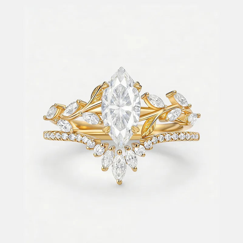 Garden Series - 1-2 Carat Marquise Moissanite Stack Wedding Ring Set | S925 Silver With Gold Plated