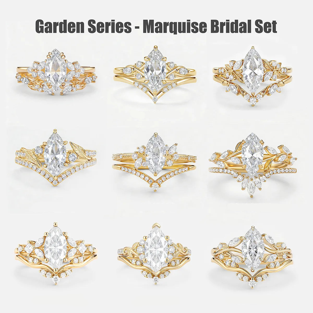 Garden Series - 1-2 Carat Marquise Moissanite Stack Wedding Ring Set | S925 Silver With Gold Plated