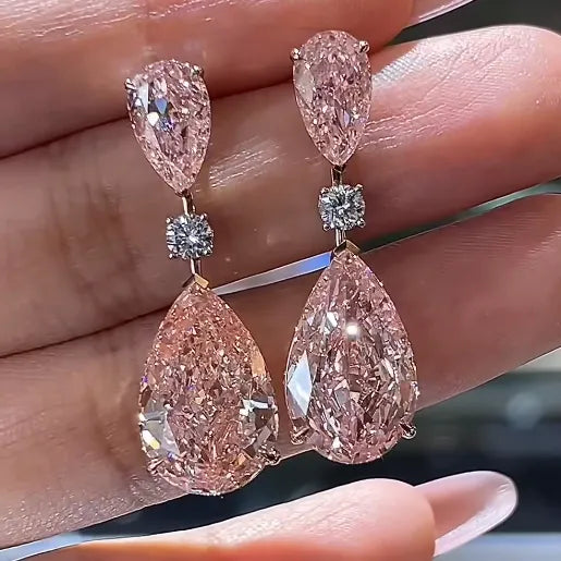 18K Gold Lab Pink Diamond Double Pear Earrings Fancy Intense Pink VS1/VS2