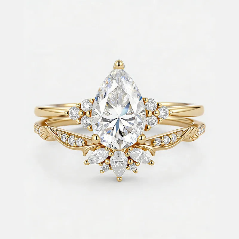 Garden Series - 1.25~1.5CT Pear Cut Moissanite Stackable Bridal Ring Set