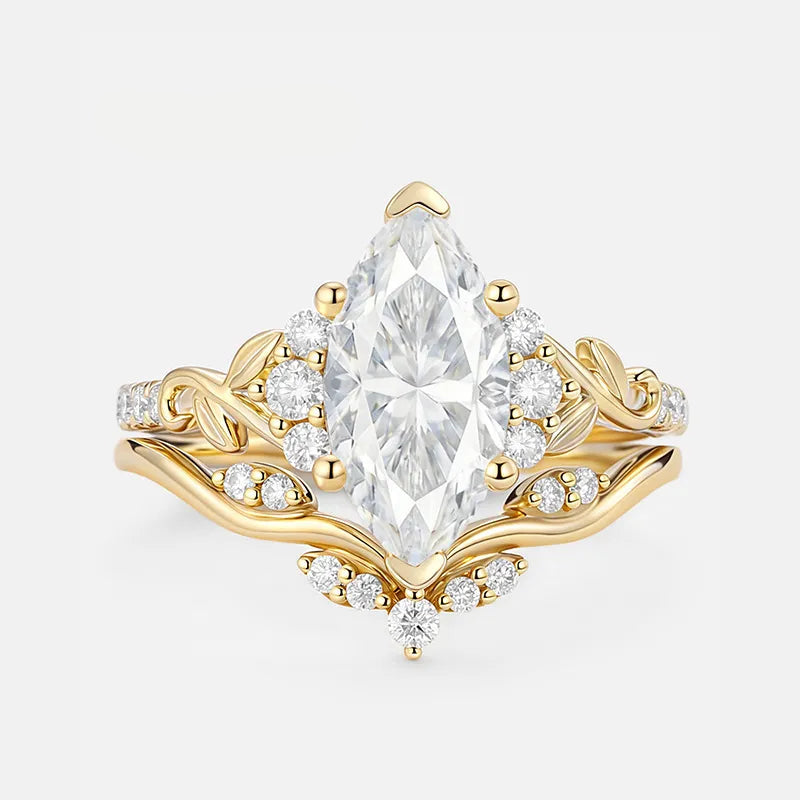 Garden Series - 1-2 Carat Marquise Moissanite Stack Wedding Ring Set | S925 Silver With Gold Plated