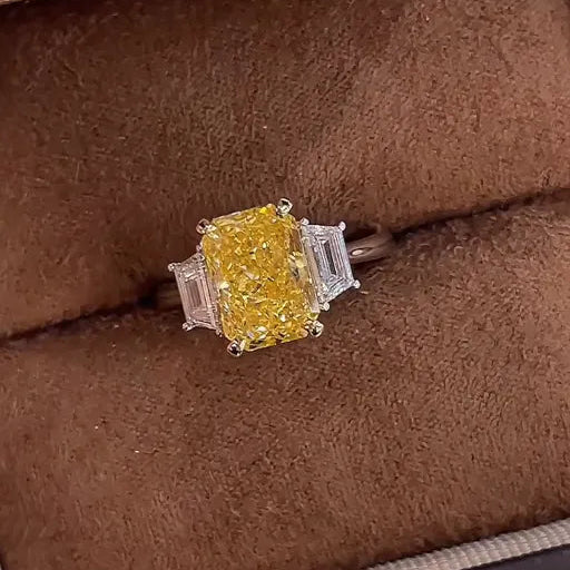 18K Solid Gold Radiant Cut Lab‑Grown Fancy Yellow Three‑Stone Ring