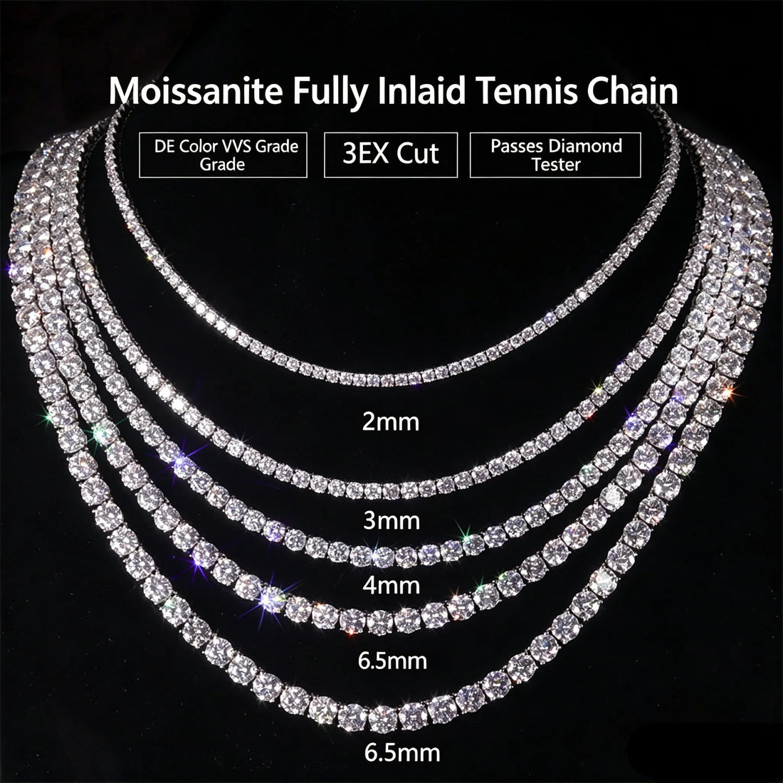 2-6.5mm Full Pave Moissanite Tennis Chain | Hip Hop S925 Silver Necklace