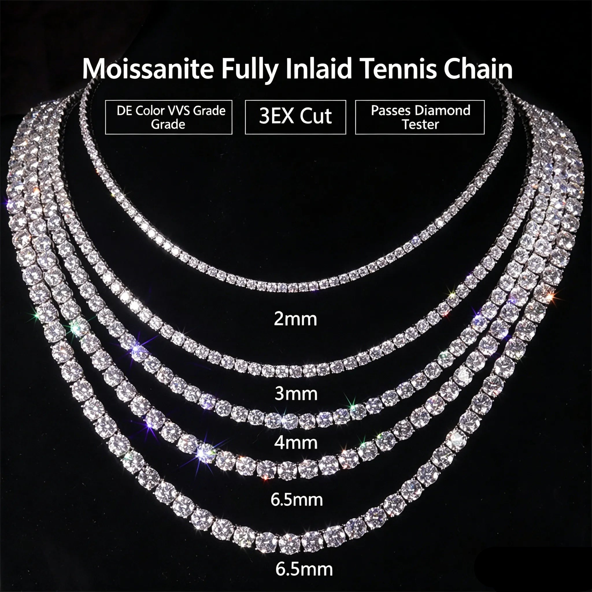 2-6.5mm Full Pave Moissanite Tennis Chain | Hip Hop S925 Silver Necklace