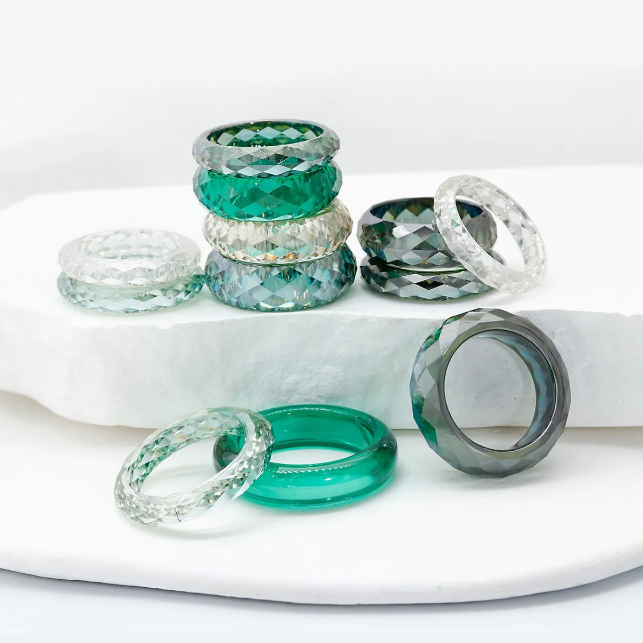 Multi-Color Faceted Moissanite Ring White & Green Moissanite Fashion Band| Customizable Gemstone Jewelry For Men Women