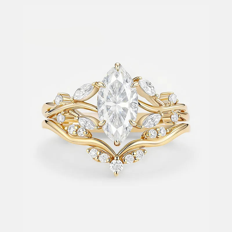 Garden Series - 1-2 Carat Marquise Moissanite Stack Wedding Ring Set | S925 Silver With Gold Plated