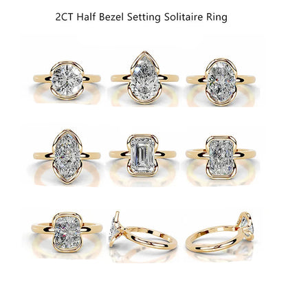 18K Gold Plated S925 Silver Half Bezel D Color 2CT Moissanite Wedding Ring