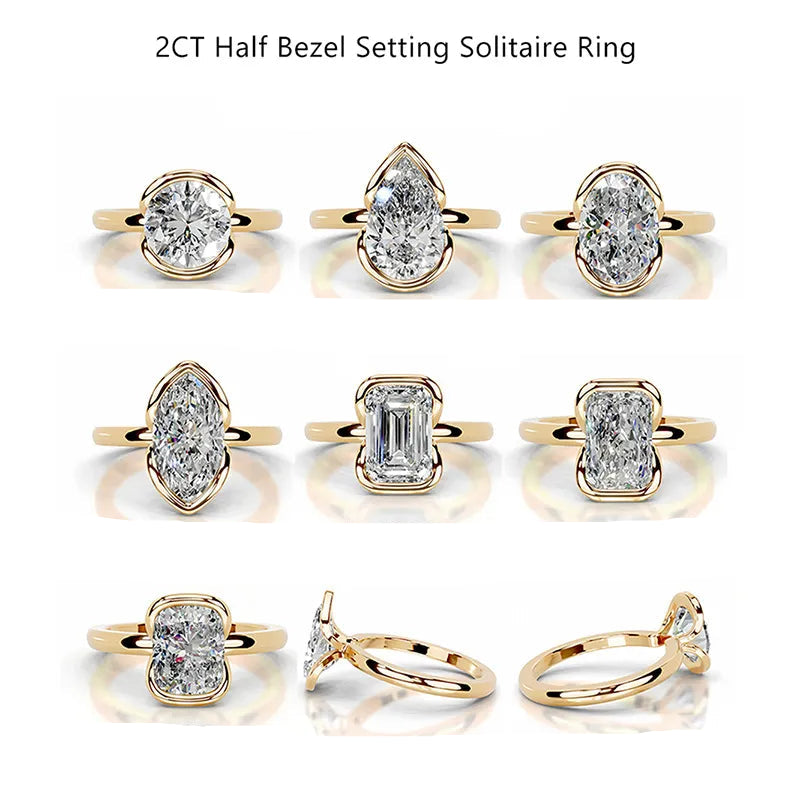 18K Gold Plated S925 Silver Half Bezel D Color 2CT Moissanite Wedding Ring