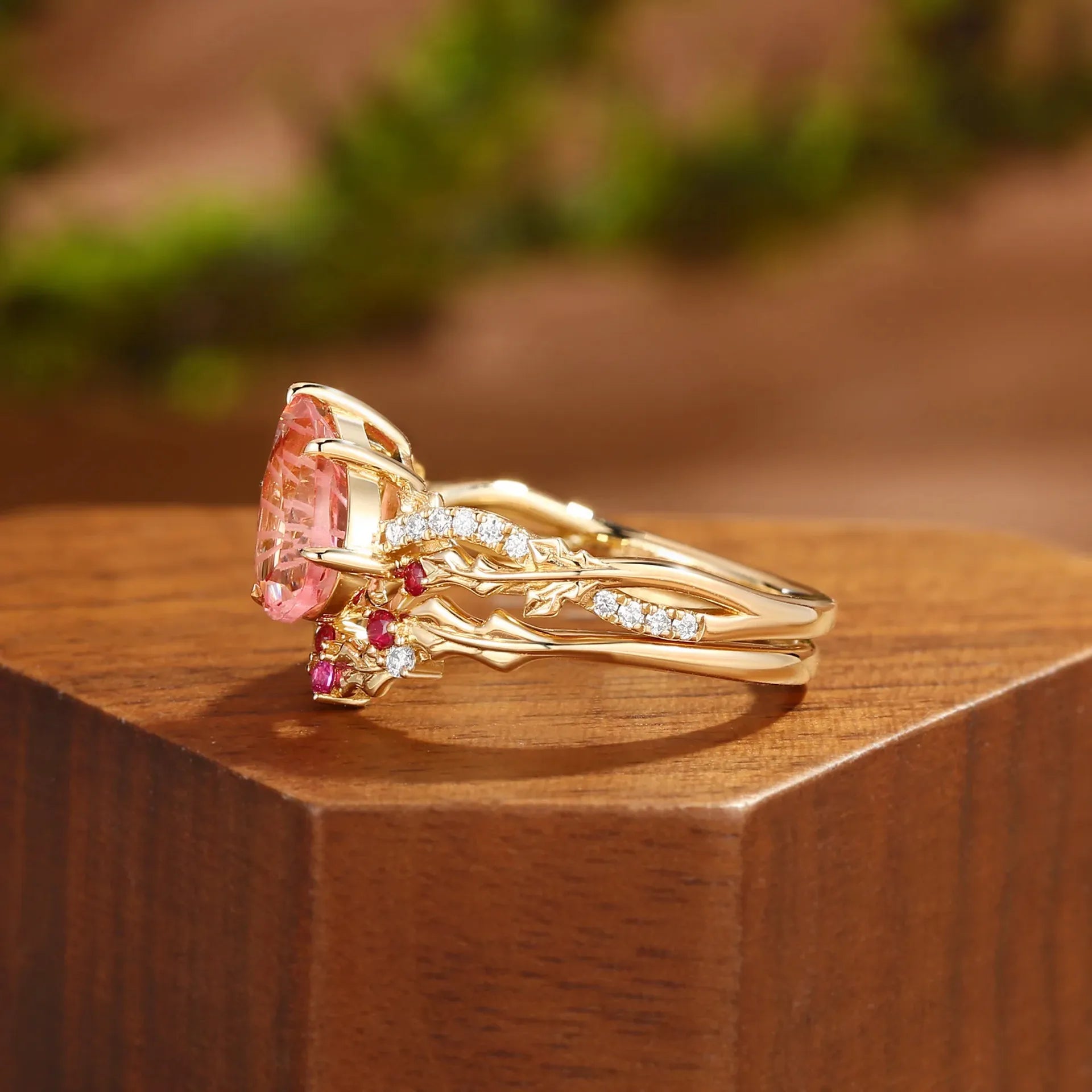 Lab Grown Padparadscha Pear Shape Stackable Ring Set| S925 Sterling Silver 18K Gold Plated