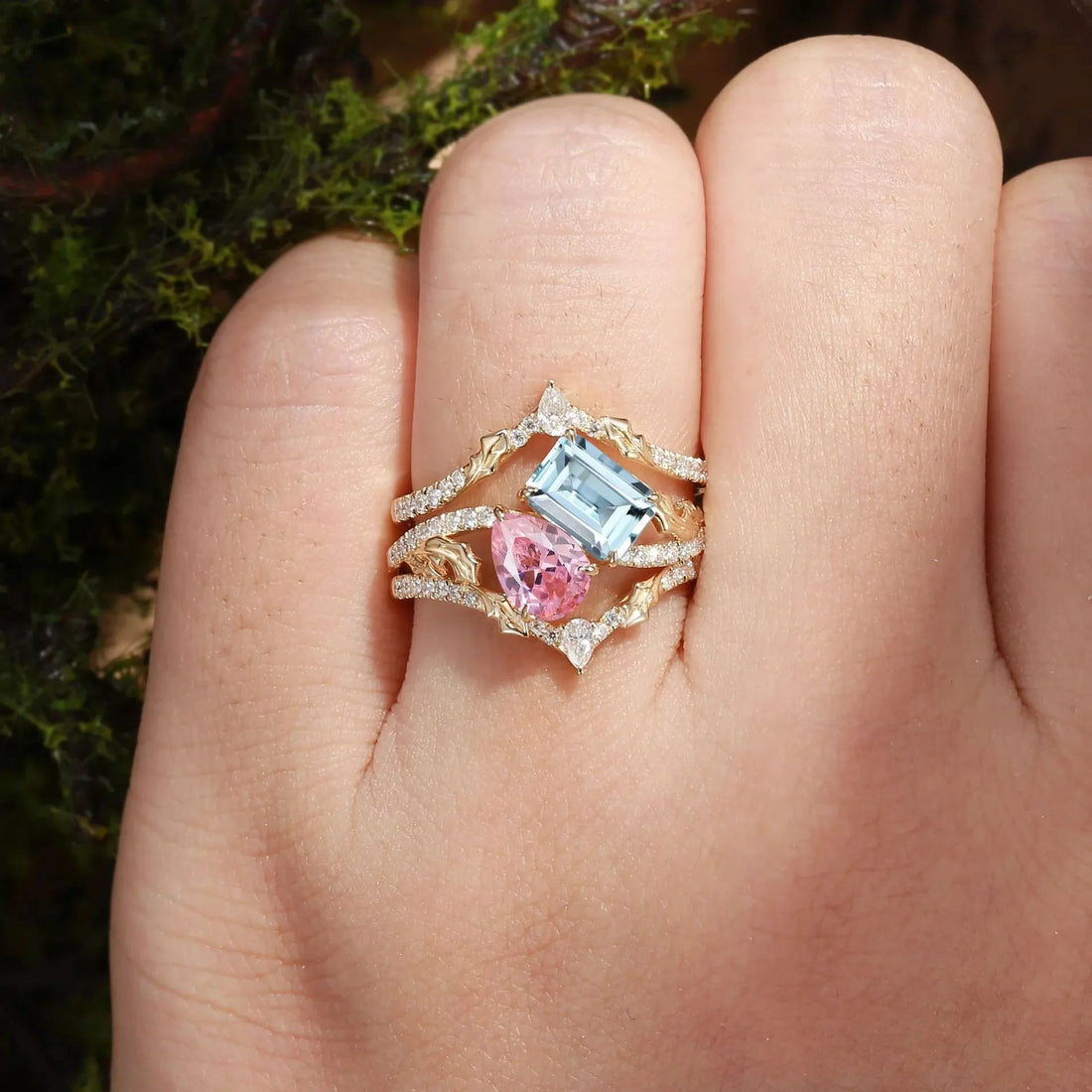 18K Gold Plated S925 Silver Stack Ring| Lab Grown Pear Pink Sapphire & Emerald Cut Lab Aquamarine