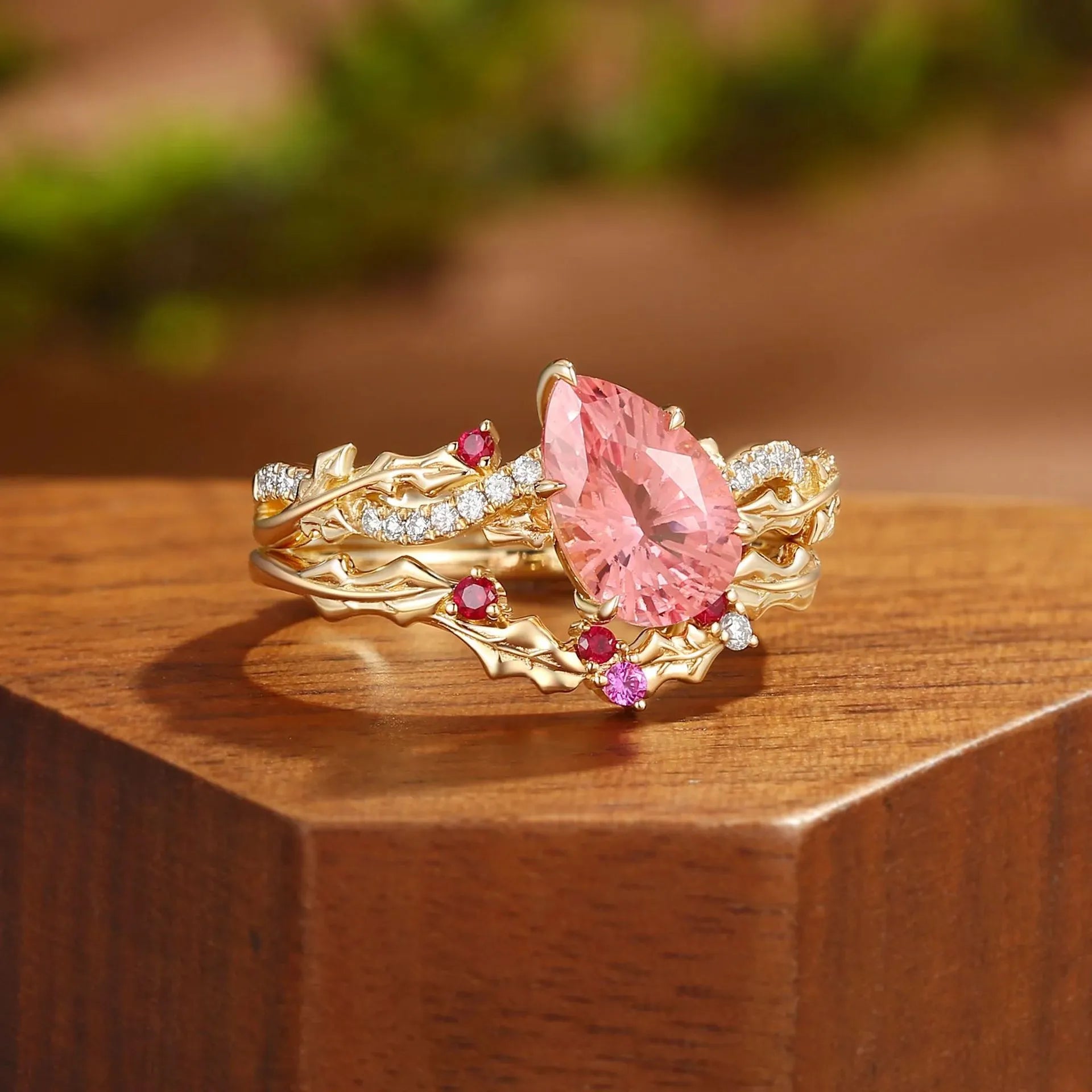 Lab Grown Padparadscha Pear Shape Stackable Ring Set| S925 Sterling Silver 18K Gold Plated