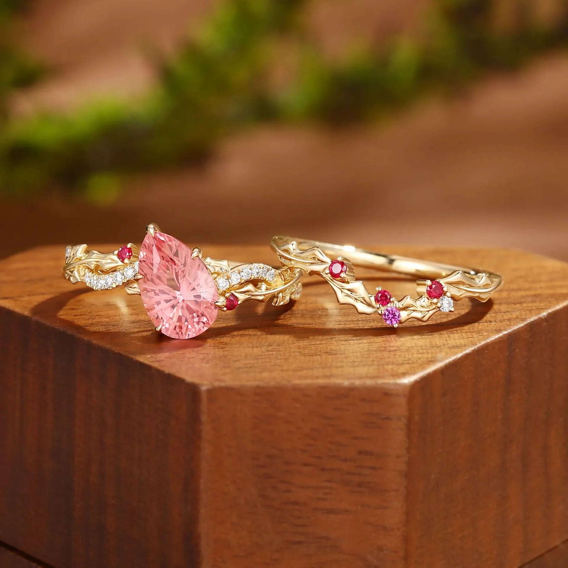 Lab Grown Padparadscha Pear Shape Stackable Ring Set| S925 Sterling Silver 18K Gold Plated