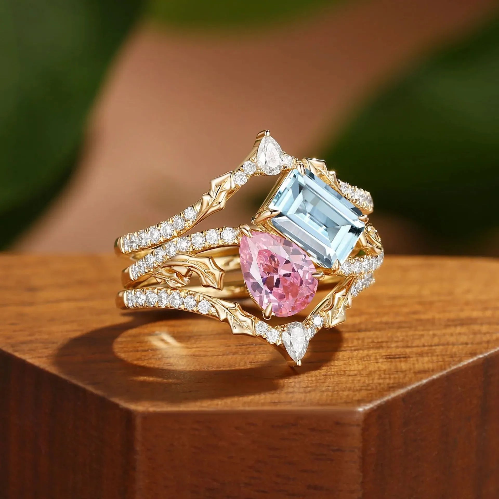 18K Gold Plated S925 Silver Stack Ring| Lab Grown Pear Pink Sapphire & Emerald Cut Lab Aquamarine