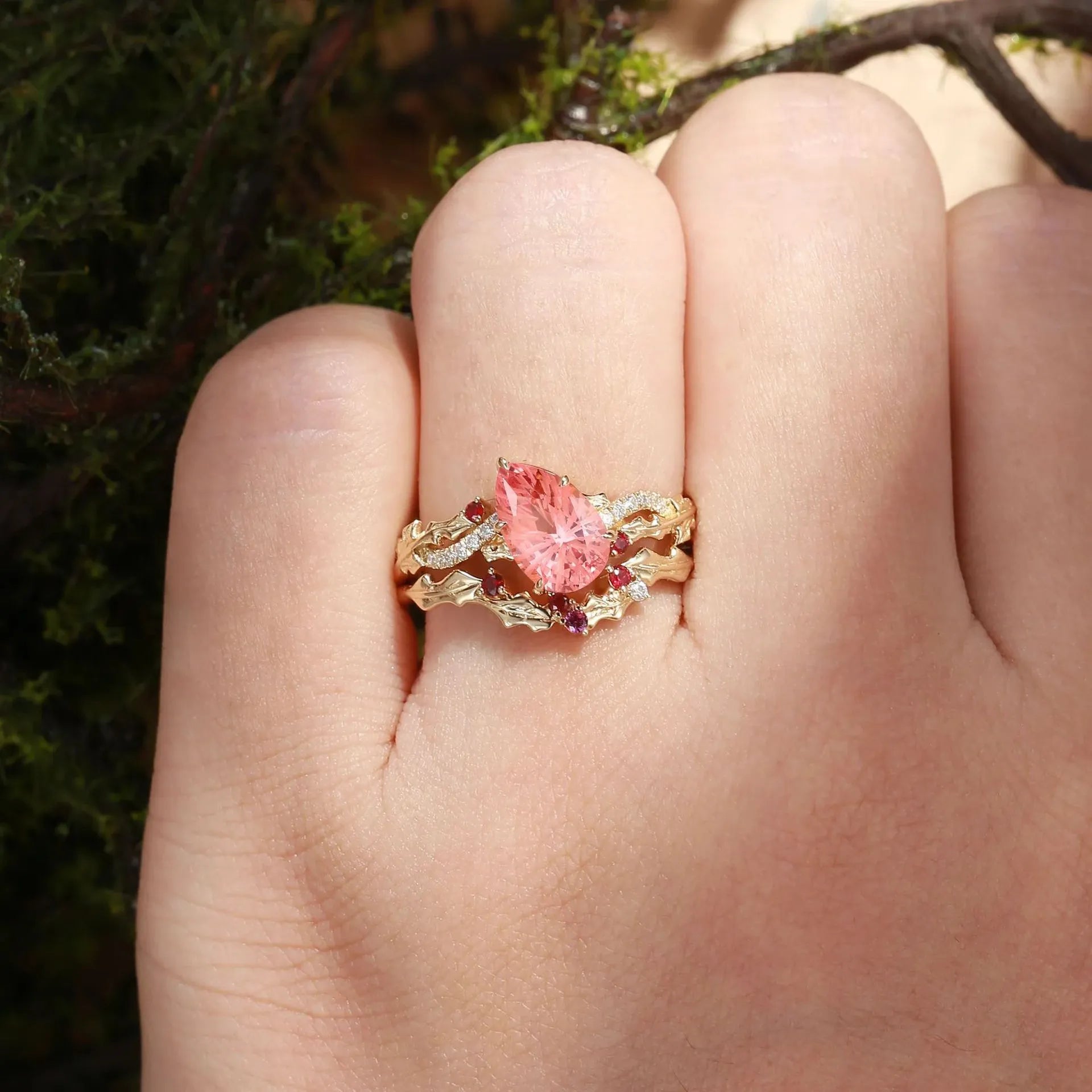 Lab Grown Padparadscha Pear Shape Stackable Ring Set| S925 Sterling Silver 18K Gold Plated