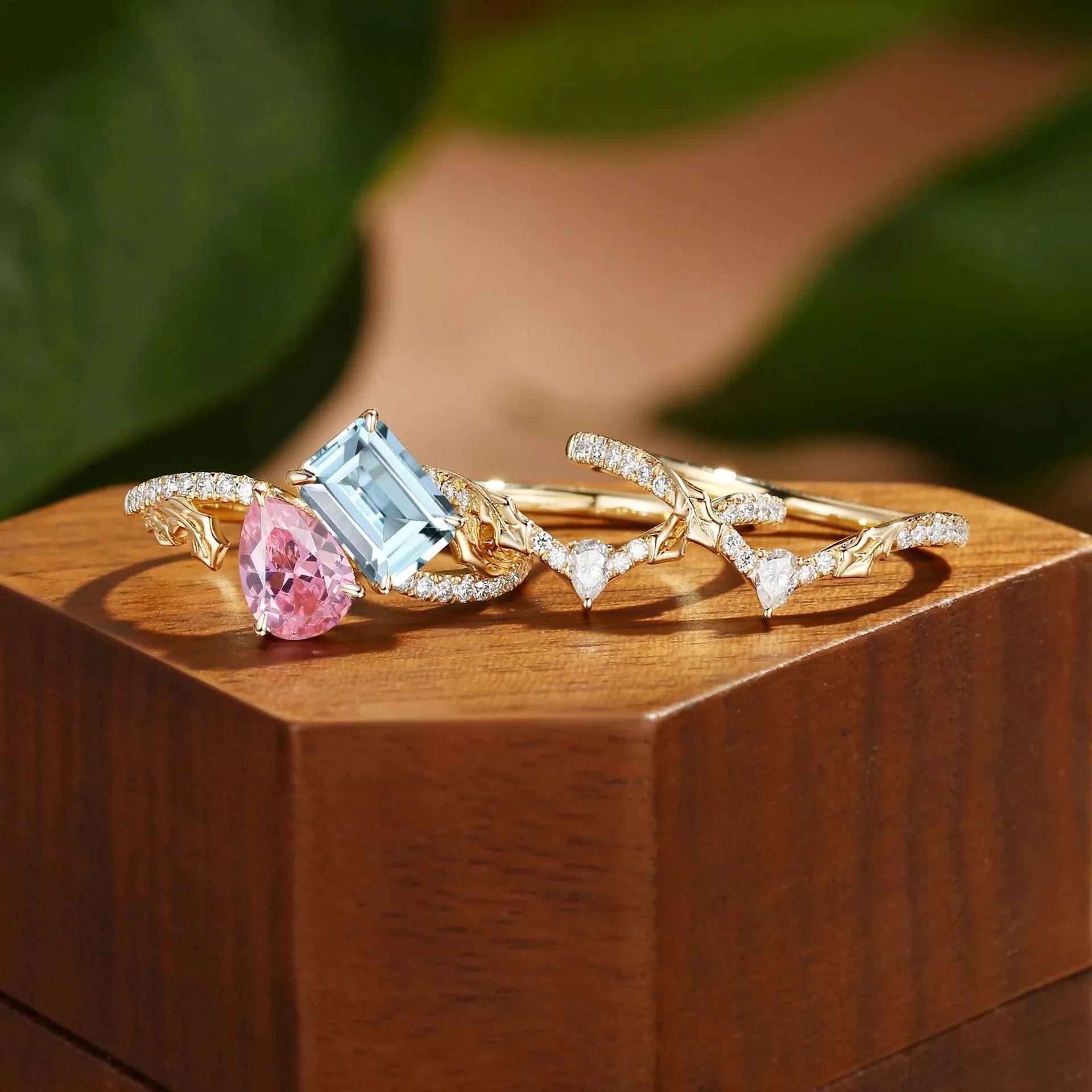 18K Gold Plated S925 Silver Stack Ring| Lab Grown Pear Pink Sapphire & Emerald Cut Lab Aquamarine