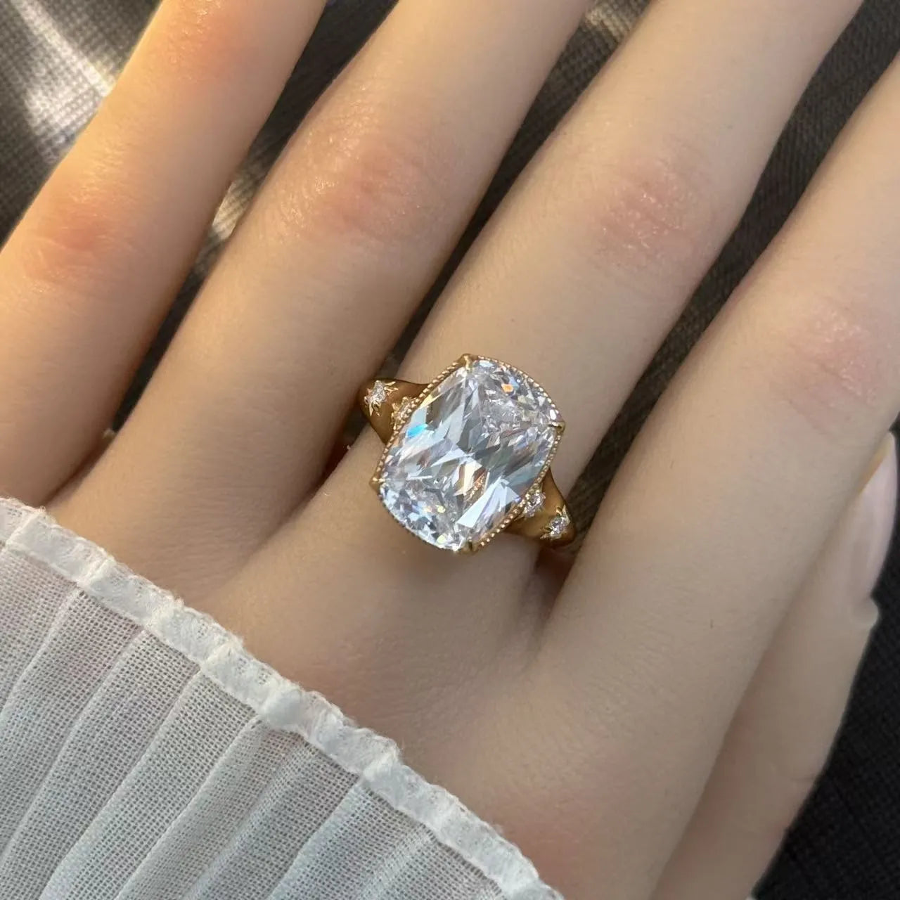 10CT Elongated Cushion Moissanite Ring| Elegant Daily Gold Tone S925 Sterling Silver Women Ring
