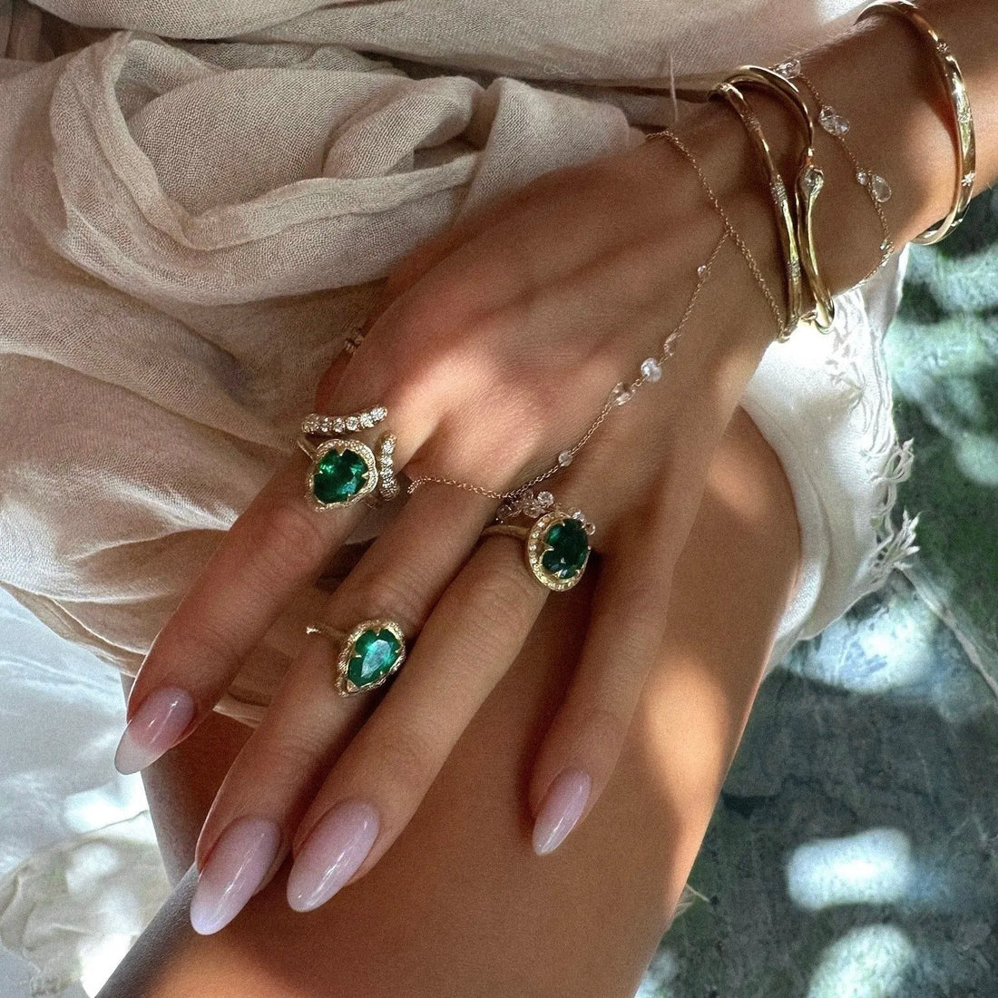 Luxury Lab Grown Zambian Emerald Pear Shape Ring| S925 Sterling Silver 18K Gold Plated Stackable Band Ring Set for Women