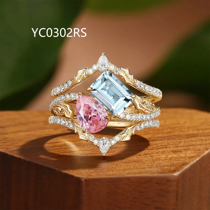 18K Gold Plated S925 Silver Stack Ring| Lab Grown Pear Pink Sapphire & Emerald Cut Lab Aquamarine