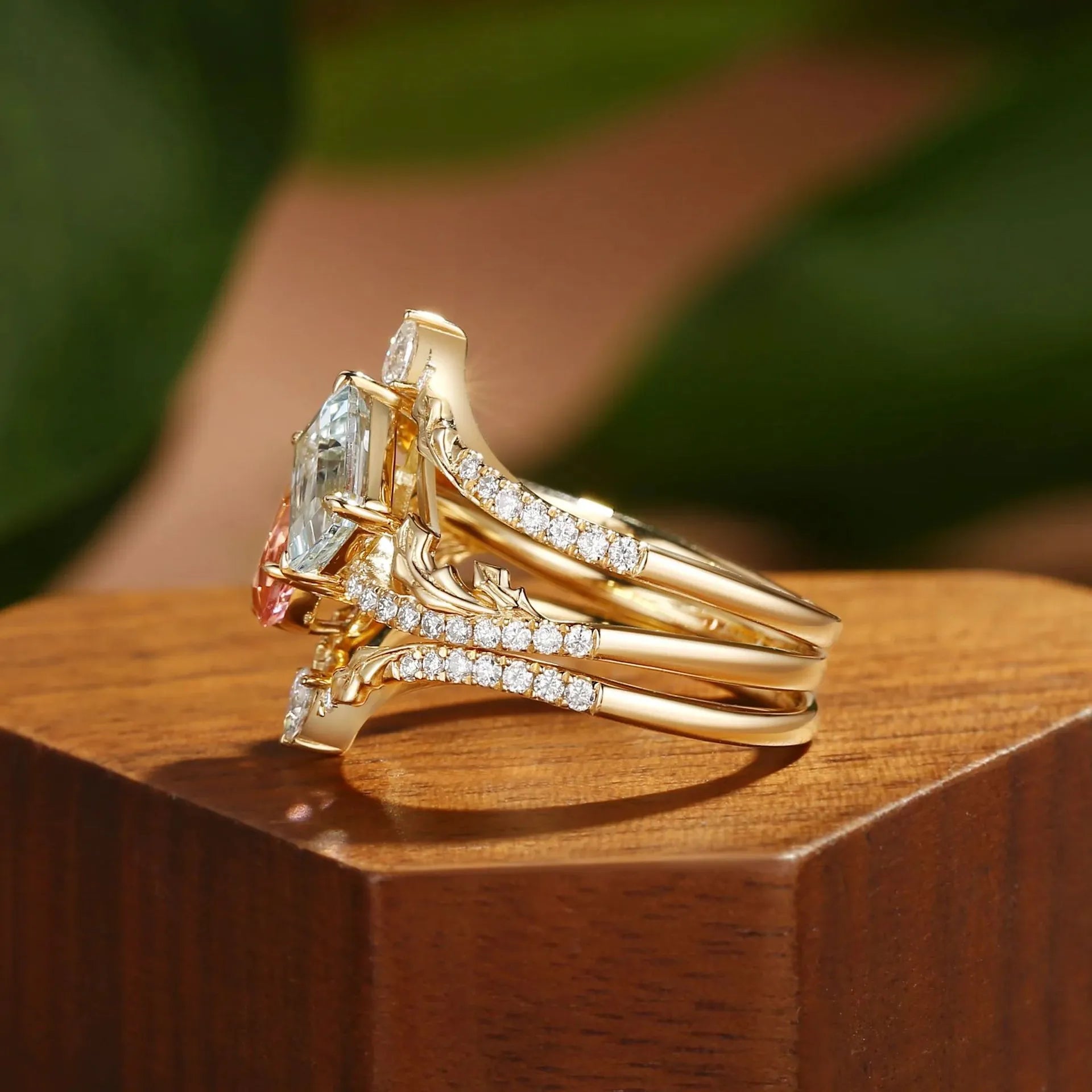18K Gold Plated S925 Silver Stack Ring| Lab Grown Pear Pink Sapphire & Emerald Cut Lab Aquamarine