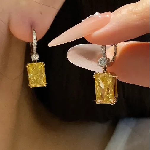 18K Gold Lab Yellow Diamond Radiant Cut Drop Earrings