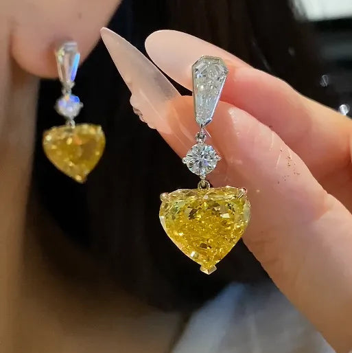 18K Gold  Lab Grown White & Yellow Diamond Heart Matching Drop Earrings