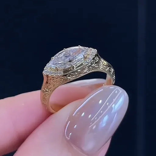 Vintage Engraved 18K Gold Marquise Lab‑Grown Diamond Solitaire Ring