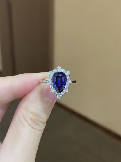 PT950 Platinum 2.95ct Water Drop Shaped Blue Treasure Ring Cultivation PR1522